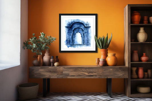 Blue Rajasthani Arch Digital Watercolour Art | Indian Heritage Wall Poster