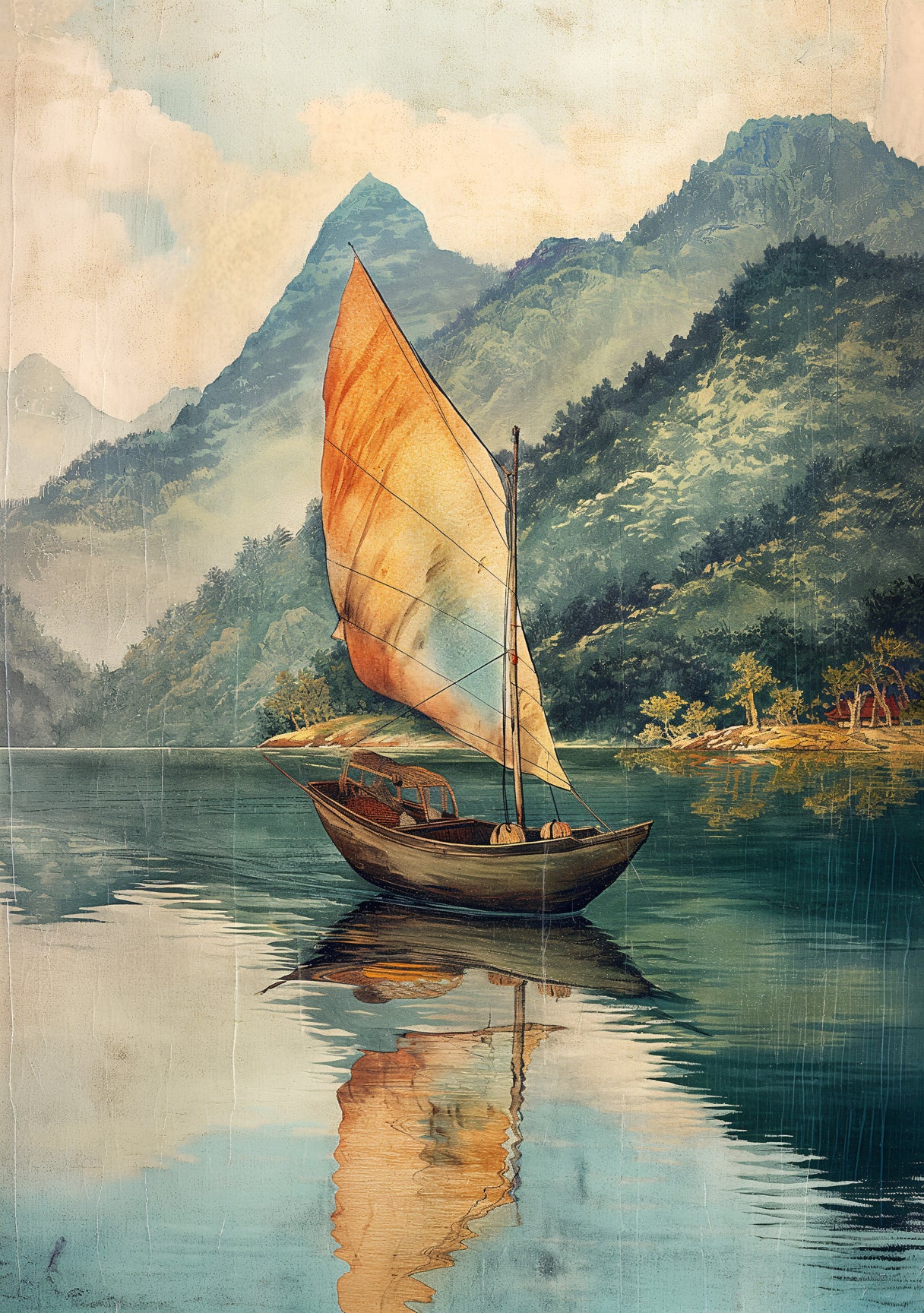Tranquil Sailboat on Serene Lake – Digital Art Poster for Nature & Travel Lovers