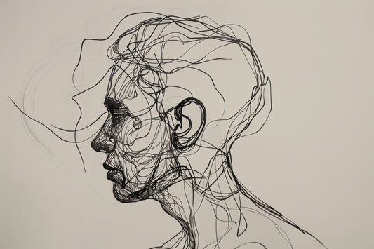 Chaotic Sketch Face Art – Surreal Wireframe Line Drawing GREY