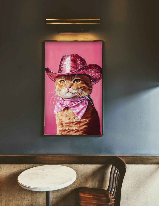 Cowgirl Cat in Pink Hat – Funny Western Cat Wall Art, Digital Download Print