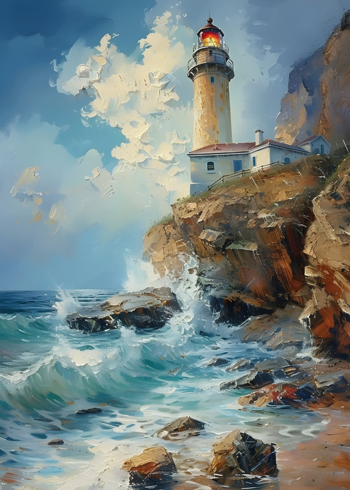 Lighthouse by the Sea Digital Art Poster | Coastal Ocean Wave Printable Painting