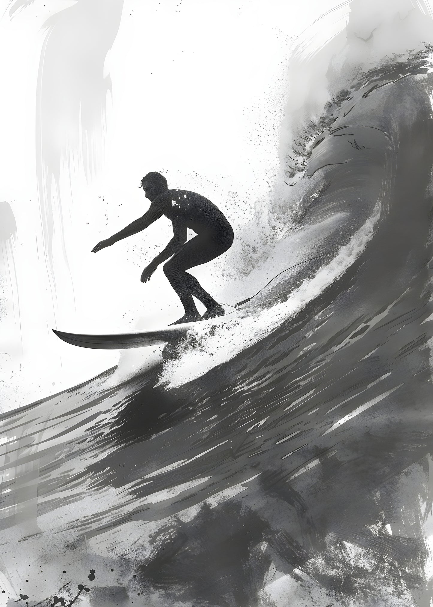 Black and White Surfer Wave Digital Art Poster | Modern Surf Wall Print
