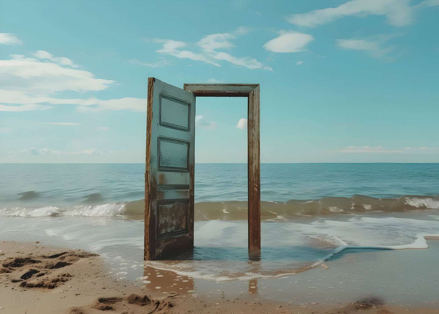Surreal Door on the Shore – Dreamlike Ocean Digital Art Poster