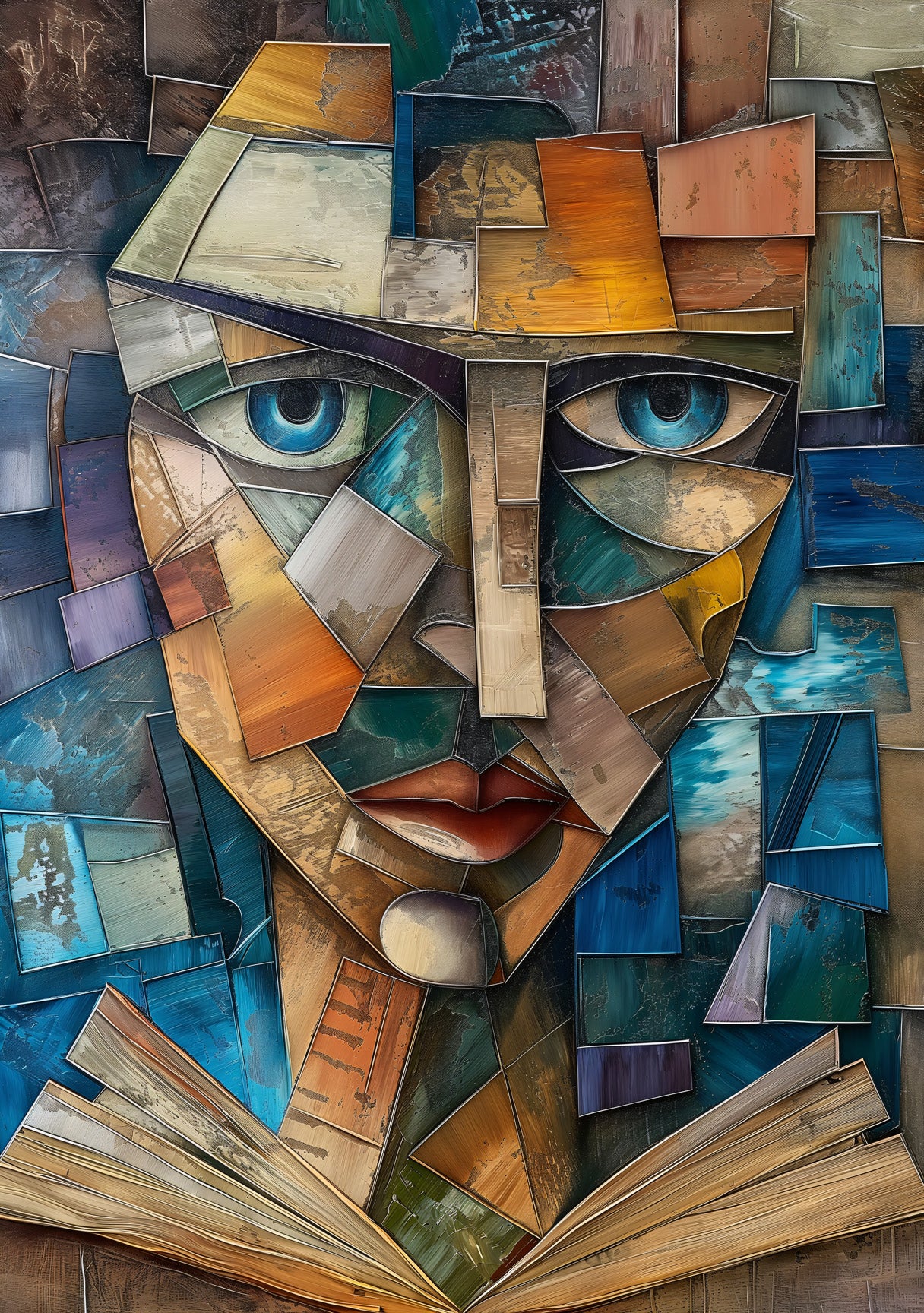 Intellectual Cubist Face Art with Open Book | Modern Abstract Canvas Wall Decor
