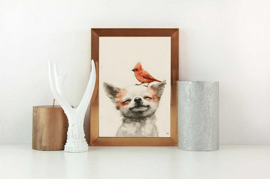 Smiling Dog with Cardinal – Whimsical Watercolor Animal Print, Digital Download