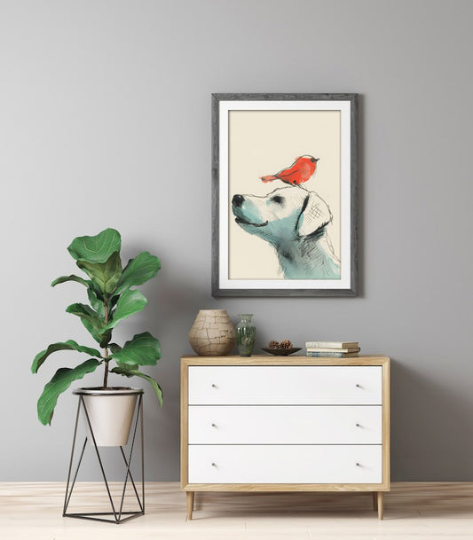 Sketch Dog and Red Bird – Minimalist Line Art Animal Print, Digital Download