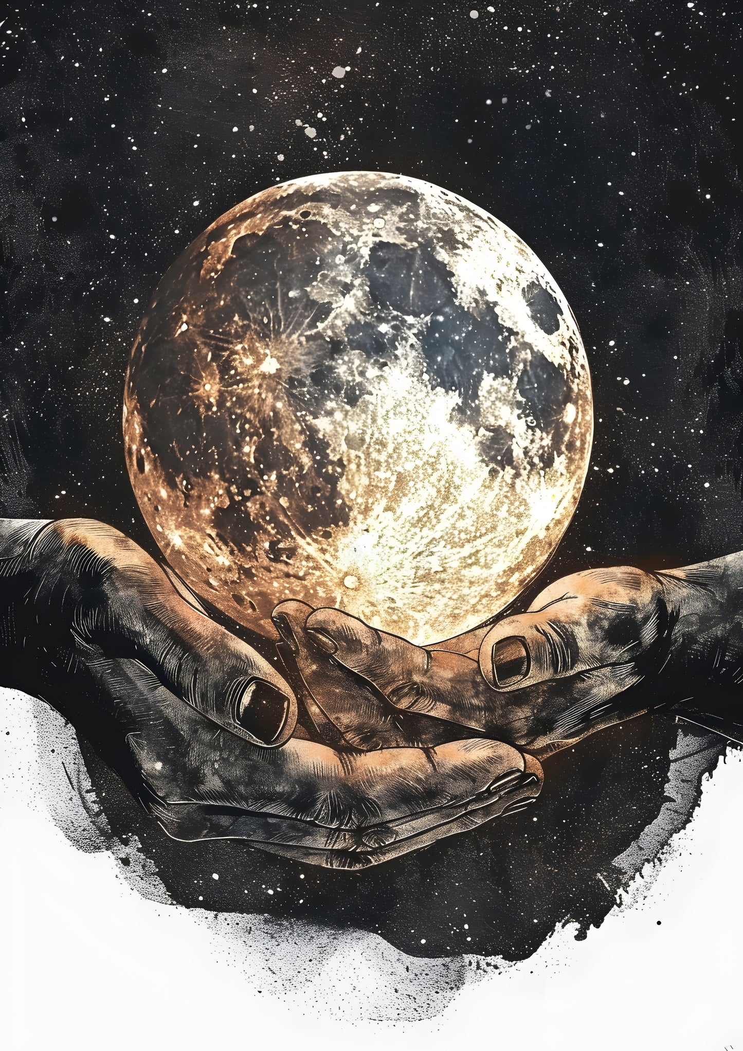 Celestial Moon in Hands Abstract Digital Art Poster | Mystical Wall Art