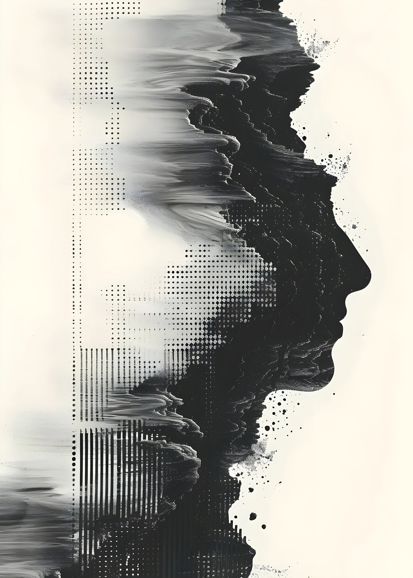 Abstract Monochrome Face Digital Art Poster – Surreal Black and White Printable Wall Art for Modern Decor