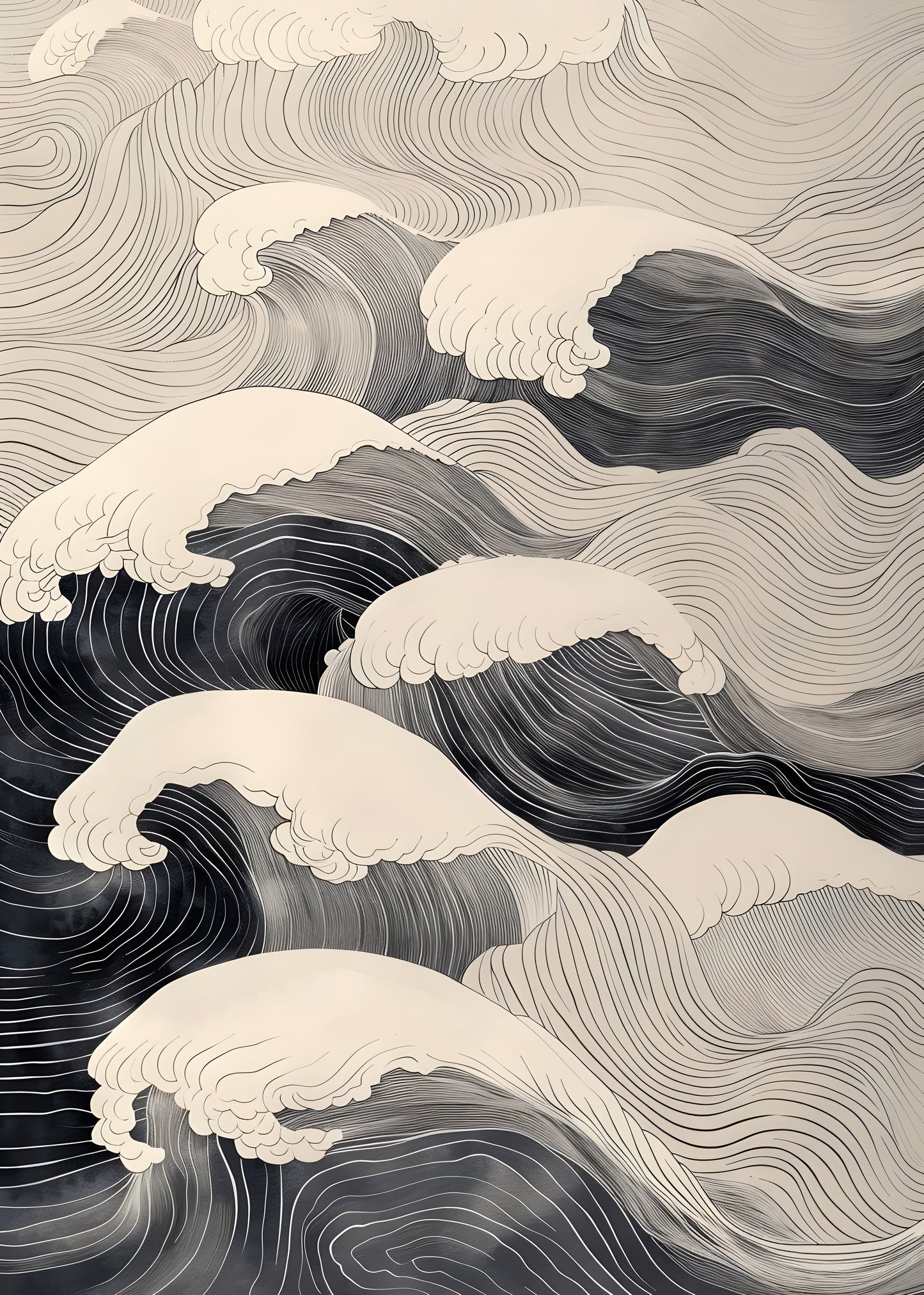 Japanese Wave Wall Art – Minimalist Ocean Print in Zen Line Art Style