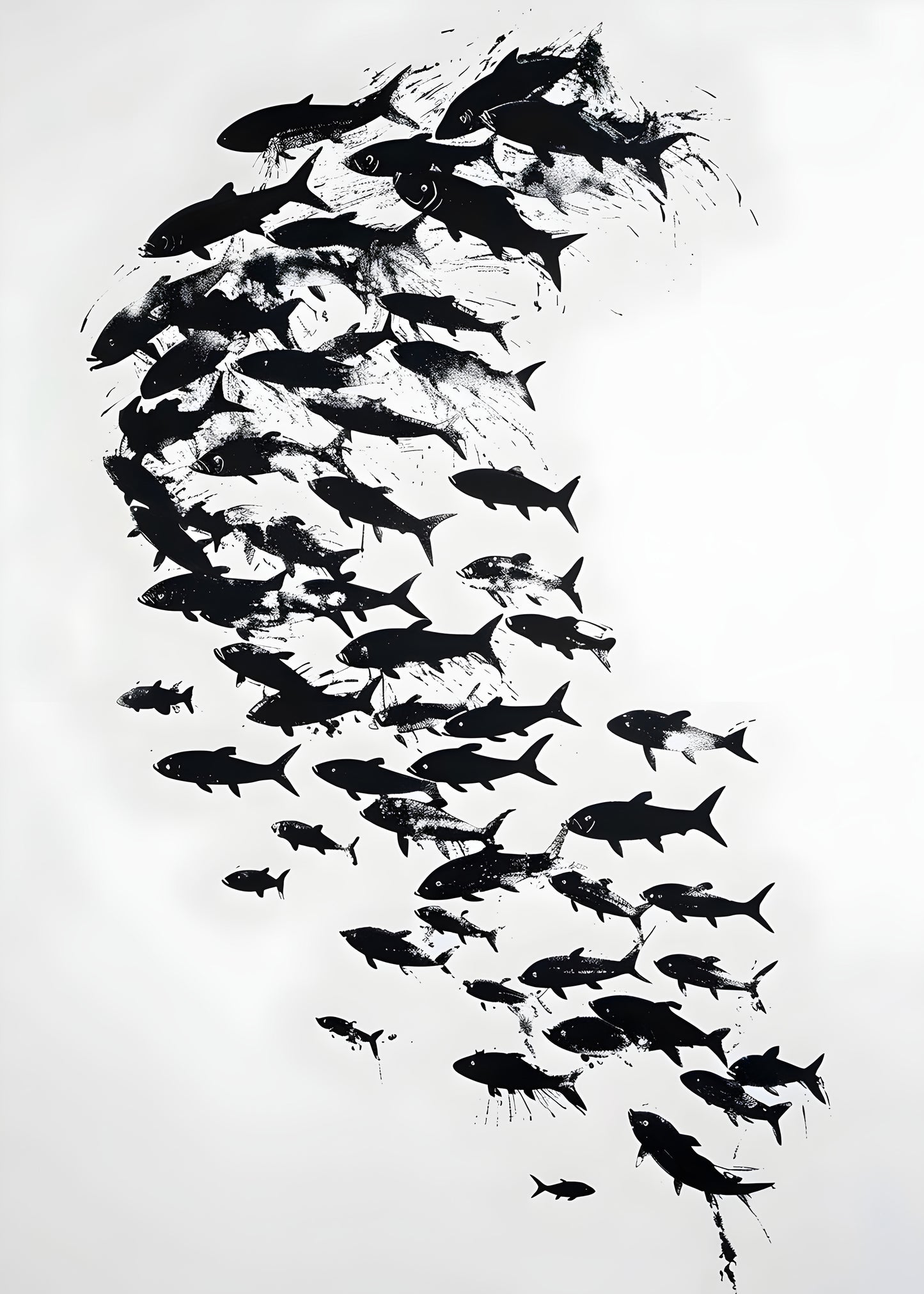 Black and White Fish School Wall Art – Minimalist Ocean Life Silhouette Print
