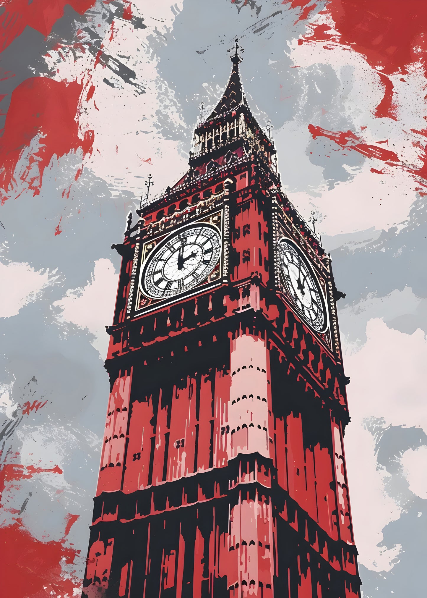 Big Ben London Digital Art Poster – Bold Red Abstract Urban Landmark Wall Print