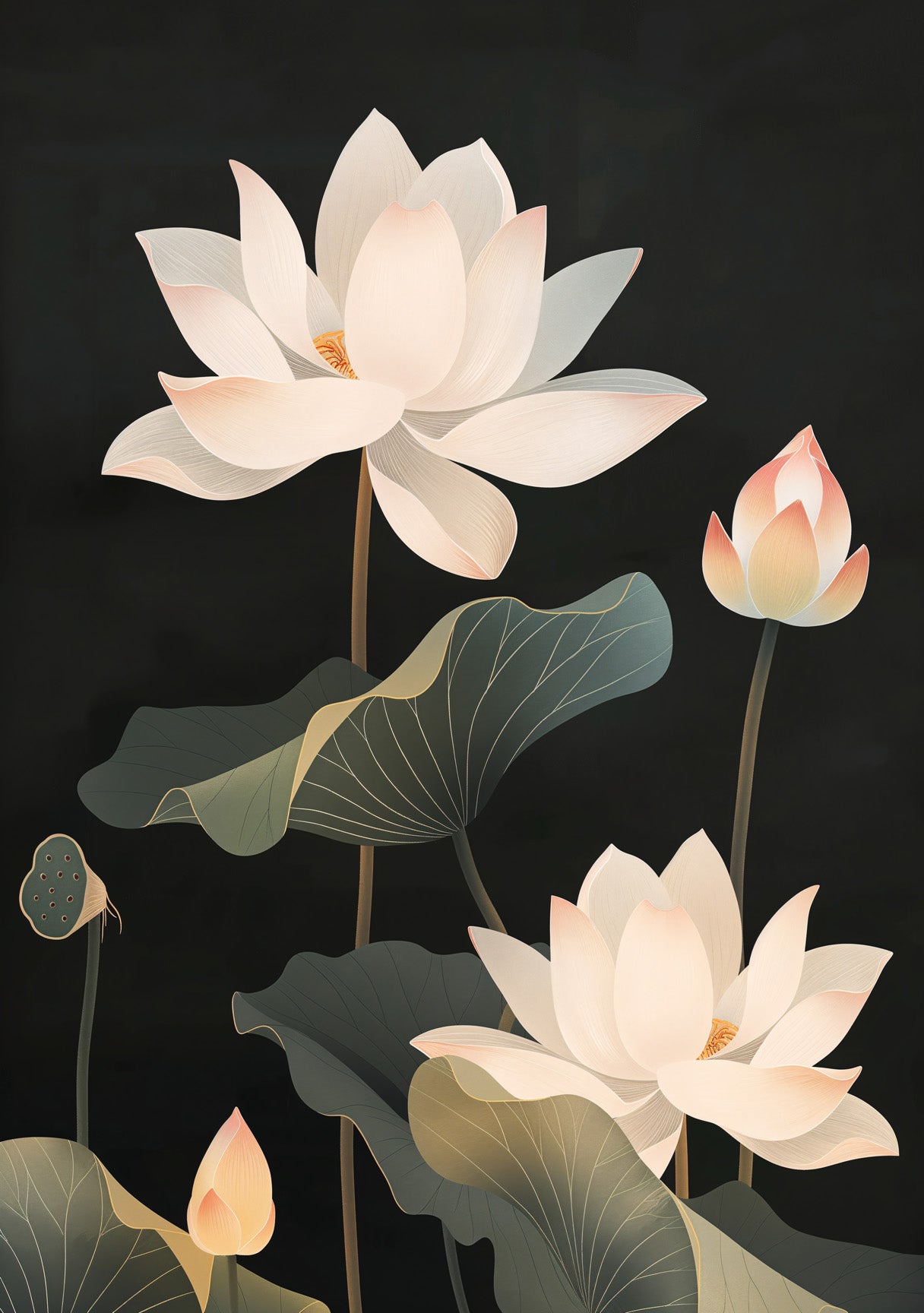 Elegant Lotus Flower Digital Art – Minimal Botanical Wall Print | Dark Floral Poster
