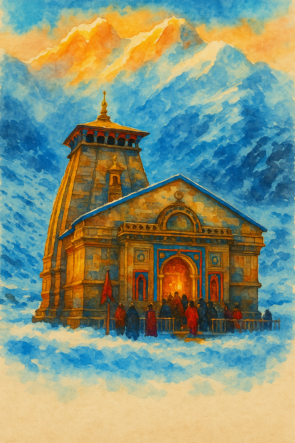 Kedarnath Temple Watercolor Print | Spiritual Himalayan Wall Art