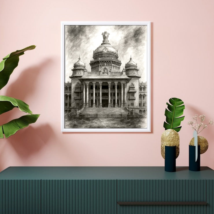 Vidhana Soudha Bangalore – Hand-Drawn Pencil Sketch Wall Art
