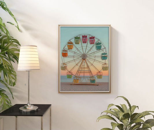 Colorful Ferris Wheel at Sunset on the Beach – Whimsical Digital Art Print