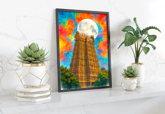 Meenakshi Amman Temple Watercolor Print | Vibrant South Indian Temple Art | Digital Wall Art