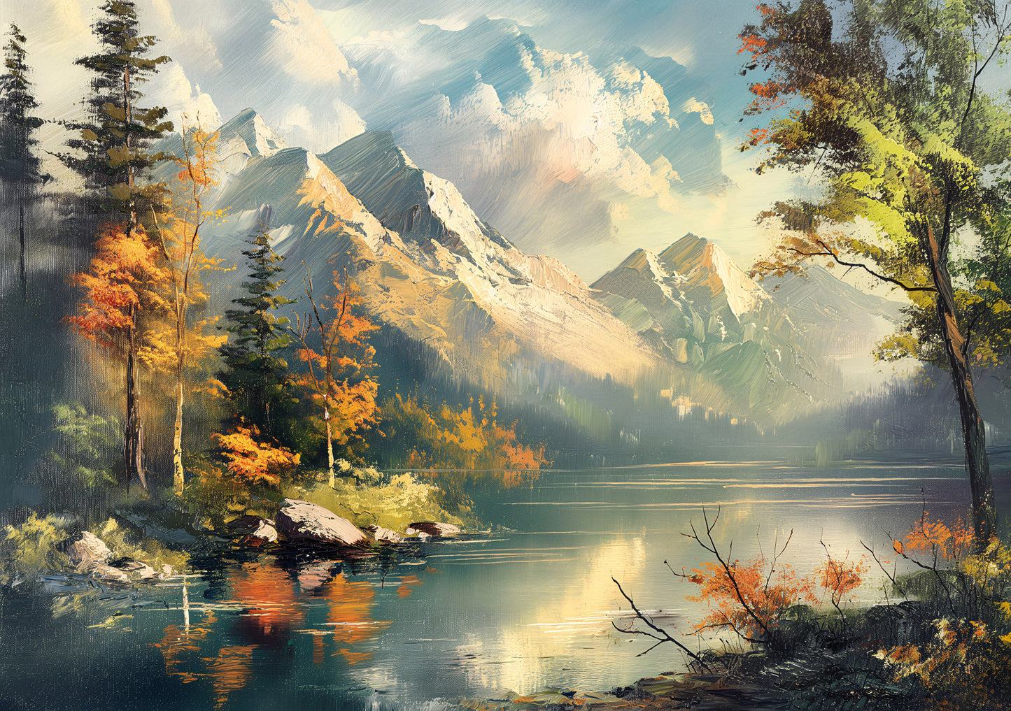 Autumn Mountain Lake Digital Art Poster - Serene Landscape Painting Printable Wall Art