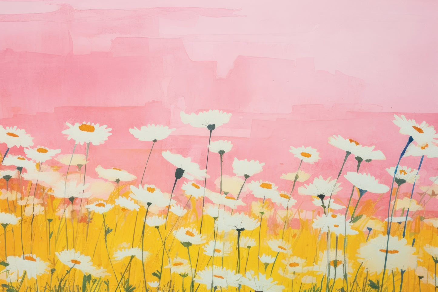 Pink & Yellow Daisy Field Digital Art Poster – Bright Floral Wall Décor