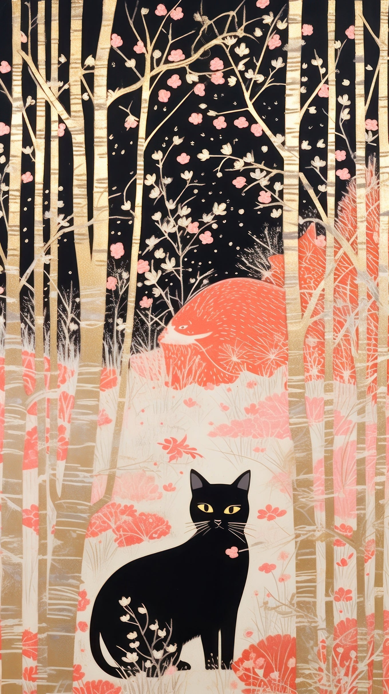 Whimsical Black Cat in Enchanted Forest – Digital Art Print | Night Woodland Animal Illustration