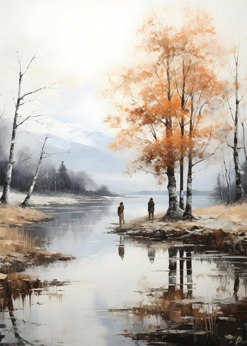 Men fishing in river Painting Poster – Nature-Inspired Wall painting Decor for Home & Office