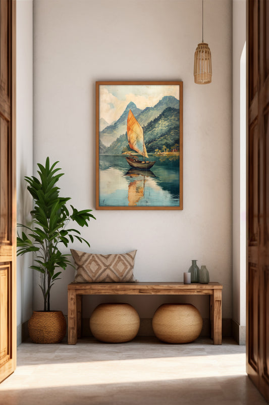 Tranquil Sailboat on Serene Lake – Digital Art Poster for Nature & Travel Lovers