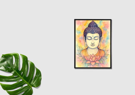Serene Buddha Watercolor Wall Art – Vibrant Pastel Background, Digital Printable Zen Decor