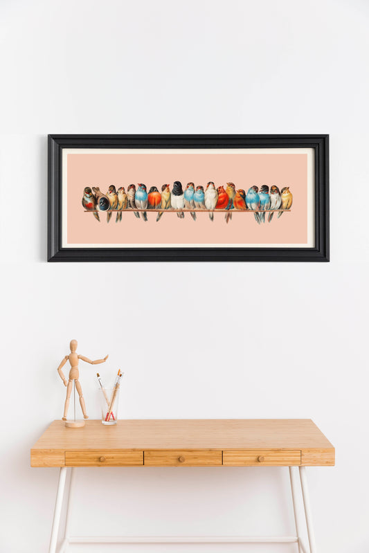 Colorful Birds on a Branch – Vintage-Style Digital Art Poster for Nature & Bird Lovers