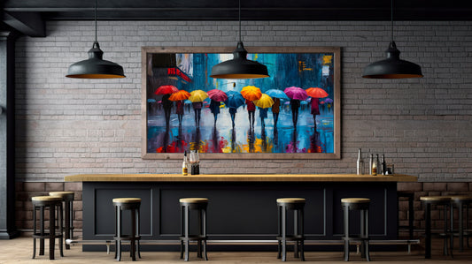 Colorful Umbrellas in Rainy City Street - Abstract Urban Digital Art Poster