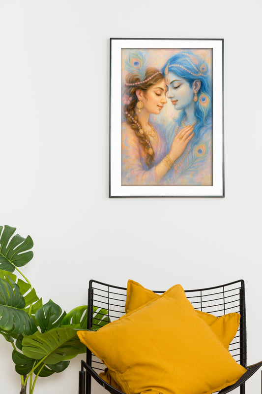 Radha Krishna Romantic Pastel Painting – Ethereal Divine Love Art Print