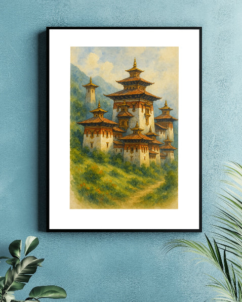 Bhutan Dzong Watercolor Print – Himalayan Monastery Digital Art Download