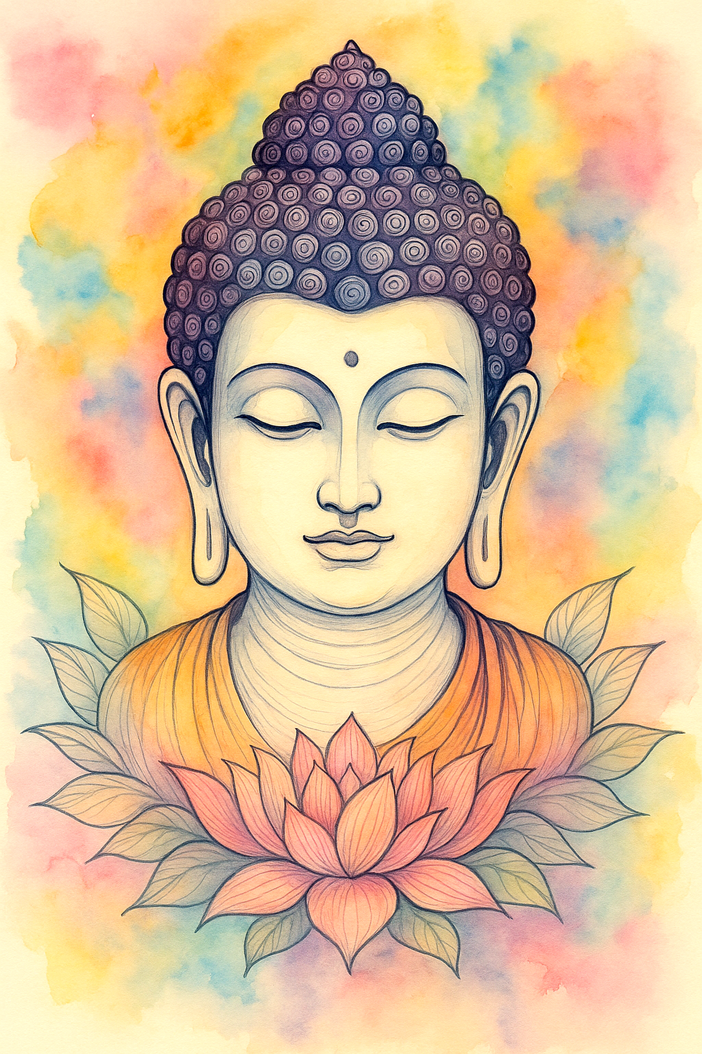 Serene Buddha Watercolor Wall Art – Vibrant Pastel Background, Digital Printable Zen Decor