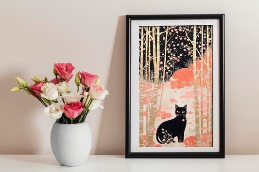 Whimsical Black Cat in Enchanted Forest – Digital Art Print | Night Woodland Animal Illustration