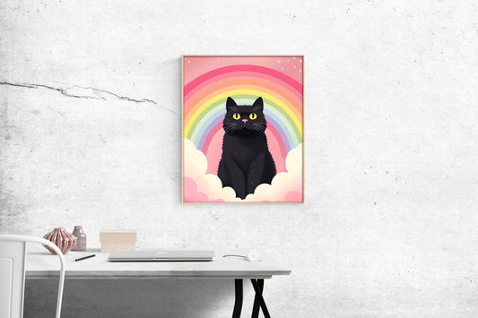 Black Cat Rainbow Poster – Cute Magical Cat Wall Art, Printable Digital Download