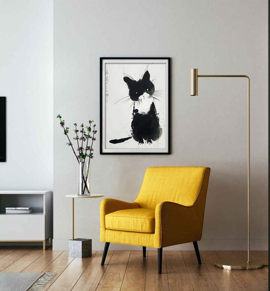 Ink Brush Cat Art Print – Minimalist Black Cat Wall Decor, Japanese Sumi-e Style, Digital Download
