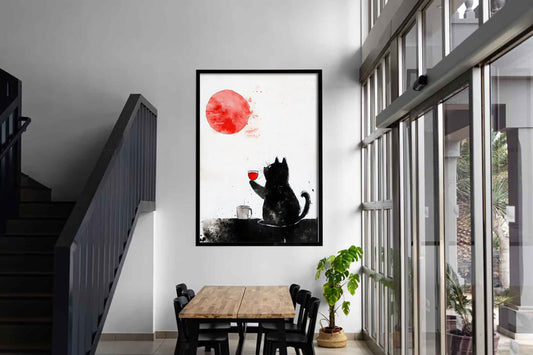 Black Cat with Wine Under Red Sun – Minimalist Japanese-Inspired Art, Digital Wall Print