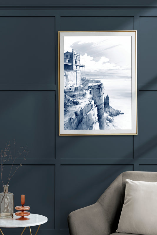 Architectural Cliffside Sketch | Coastal Building Line Art Print in Monochrome Blue