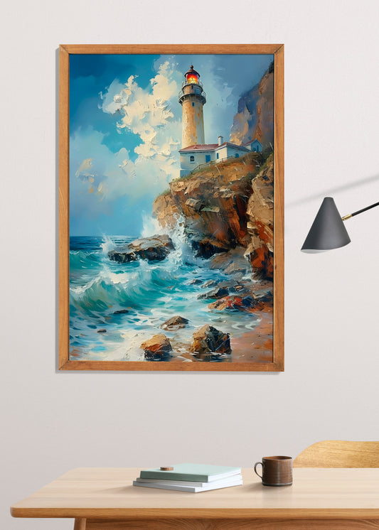 Lighthouse by the Sea Digital Art Poster | Coastal Ocean Wave Printable Painting