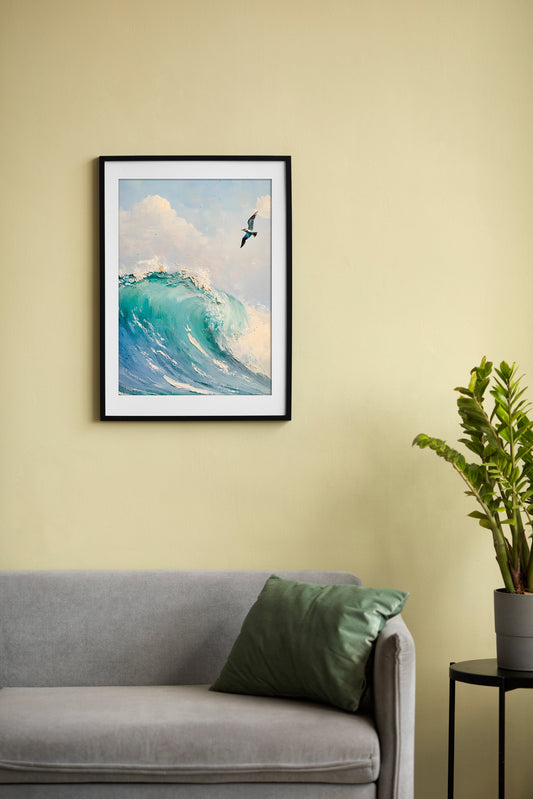 Crashing Ocean Wave with Seagull – Realistic Coastal Digital Art Poster, Seascape Printable Wall Decor