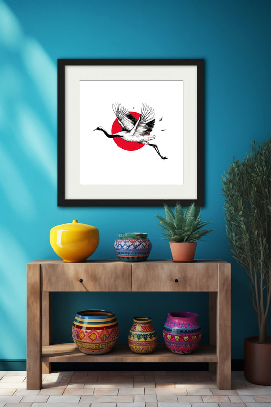 Japanese Crane Art Print – Minimalist Red Sun & Bird Illustration