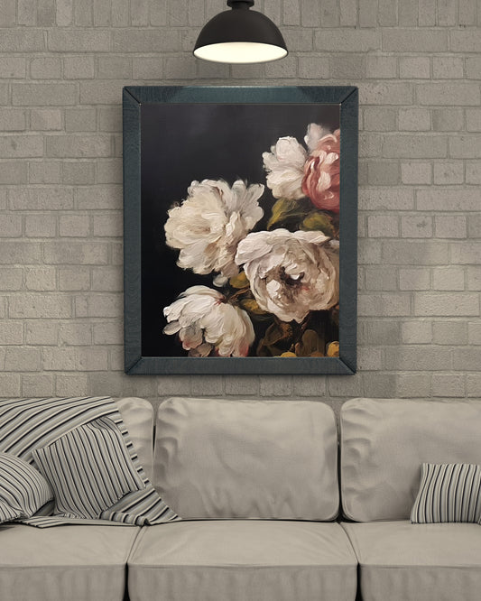 Elegant White Peony Floral Oil Painting – Vintage Digital Art Poster for Home Décor