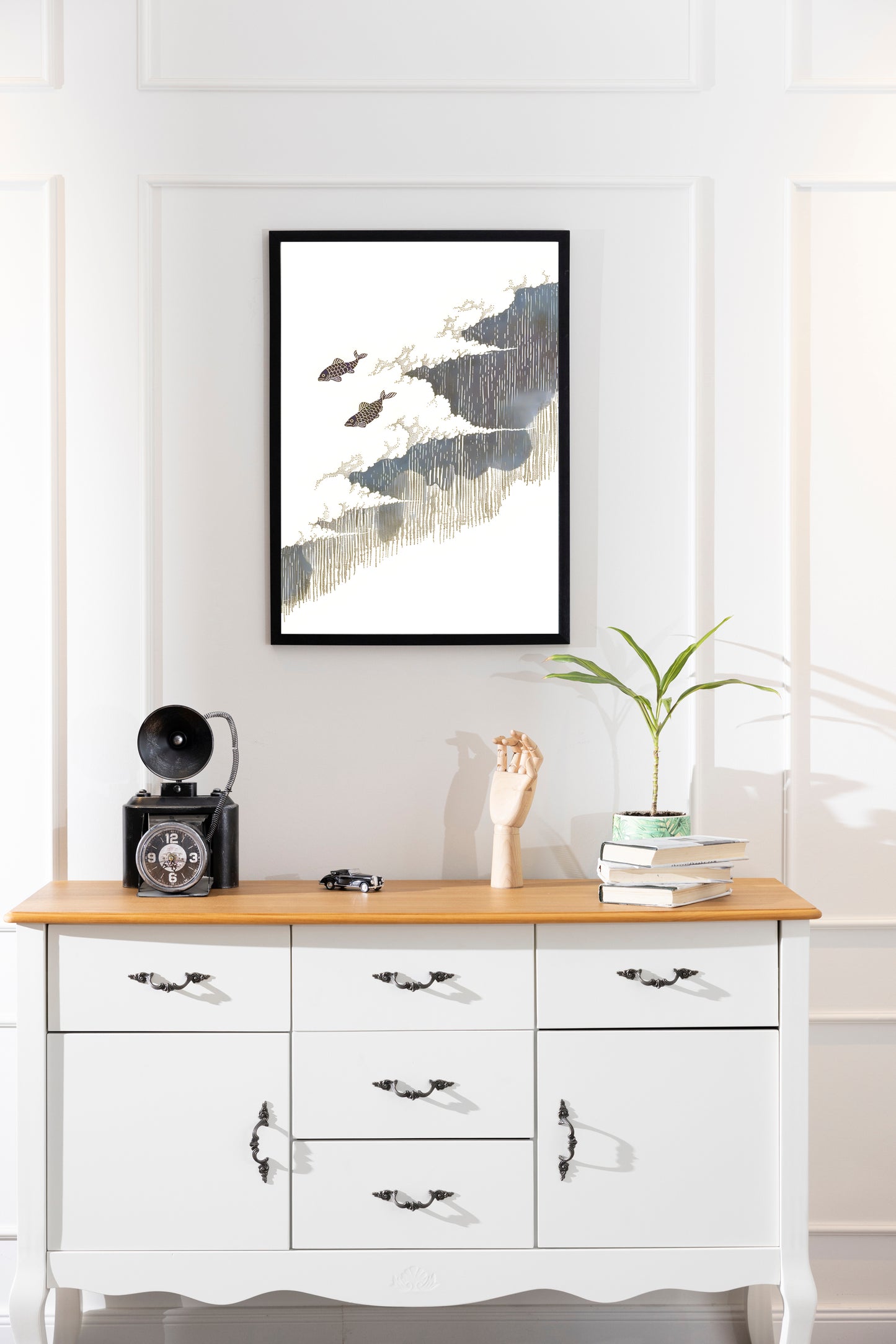 Koi in the Clouds Digital Art Print – Japanese Minimalist Fish & Wave Poster | Instant Download Wall Decor