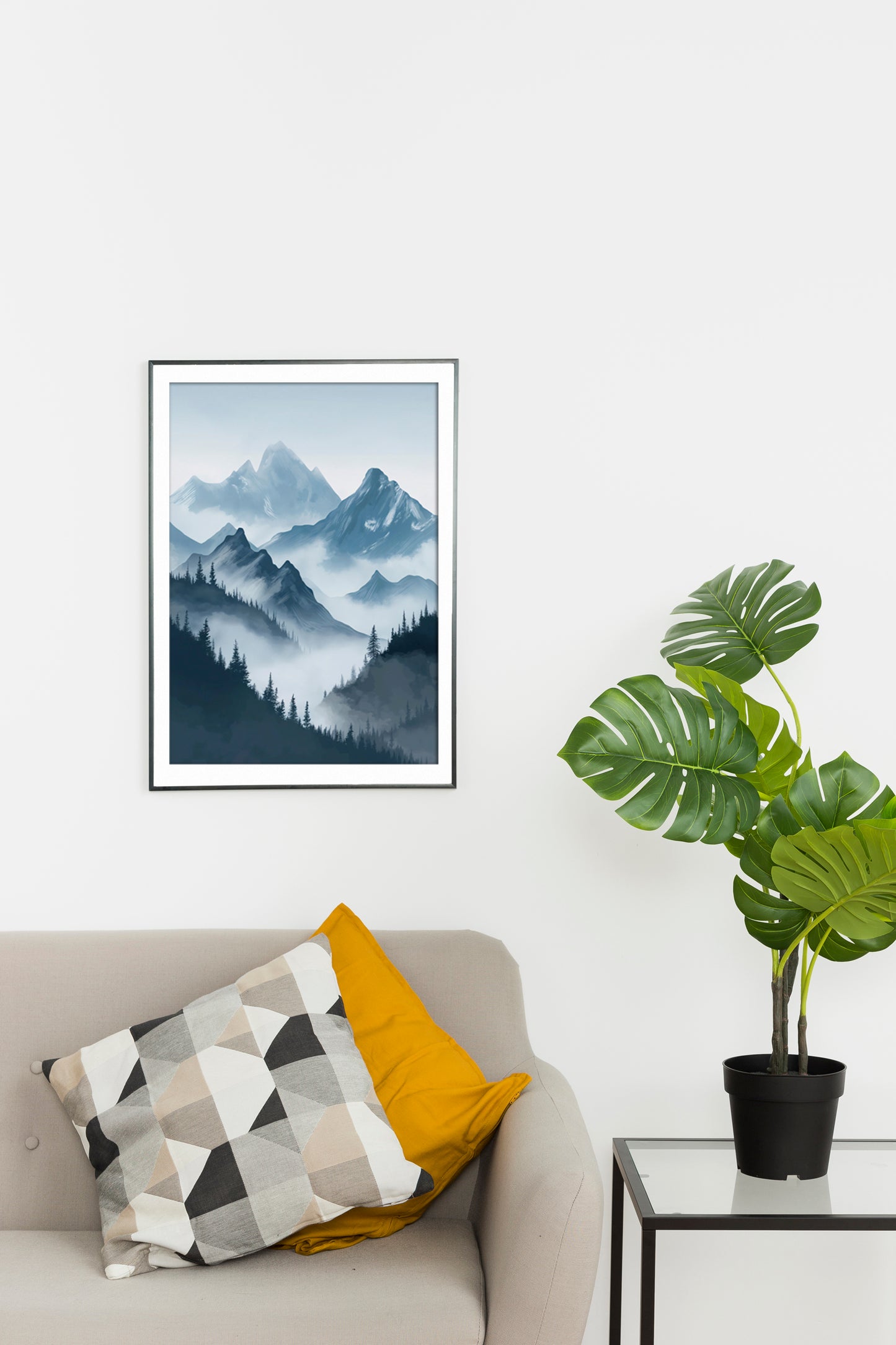 Misty Blue Mountains Digital Art Poster – Tranquil Landscape Wall Decor