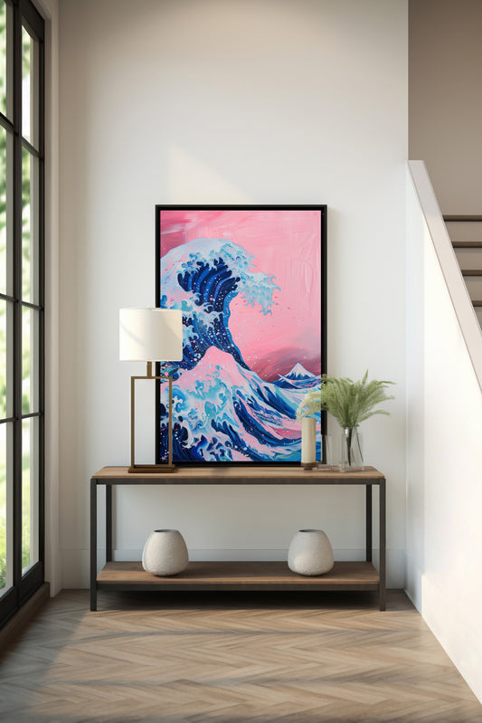 Great Wave Pink Sky Digital Art Poster – Modern Ocean Wall Decor