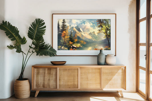 Autumn Mountain Lake Digital Art Poster - Serene Landscape Painting Printable Wall Art