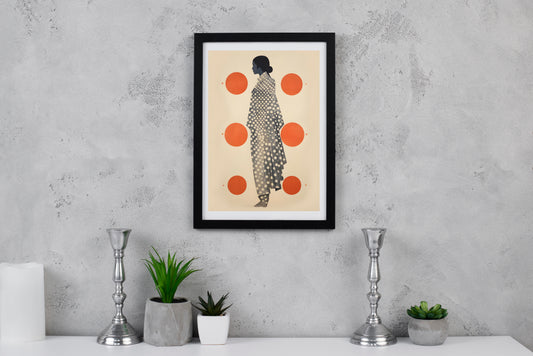 Modern Indian Woman Silhouette Digital Art Poster – Abstract Saree Artwork with Polka Dots & Geometric Aesthetic