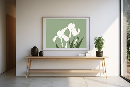 White Iris Flower Digital Art Poster – Minimal Botanical Print