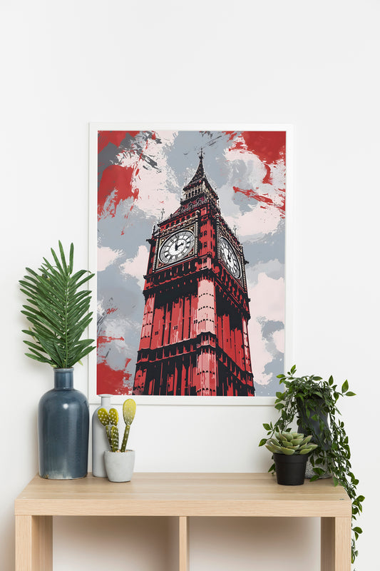 Big Ben London Digital Art Poster – Bold Red Abstract Urban Landmark Wall Print