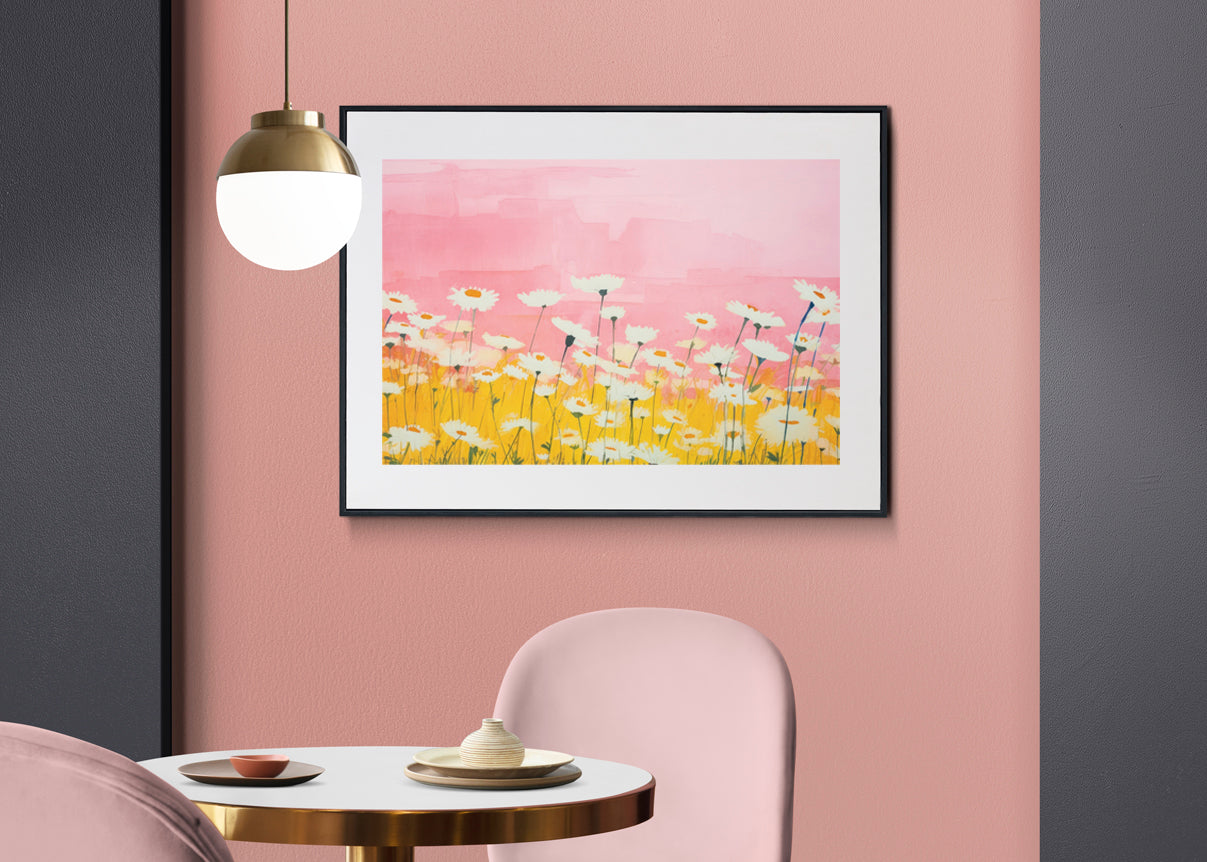 Pink & Yellow Daisy Field Digital Art Poster – Bright Floral Wall Décor