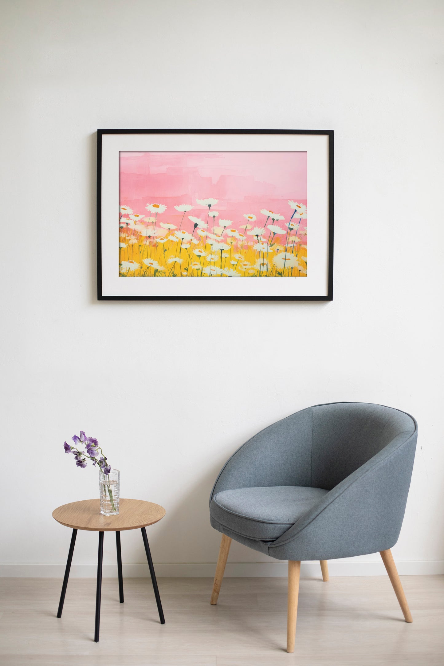 Pink & Yellow Daisy Field Digital Art Poster – Bright Floral Wall Décor