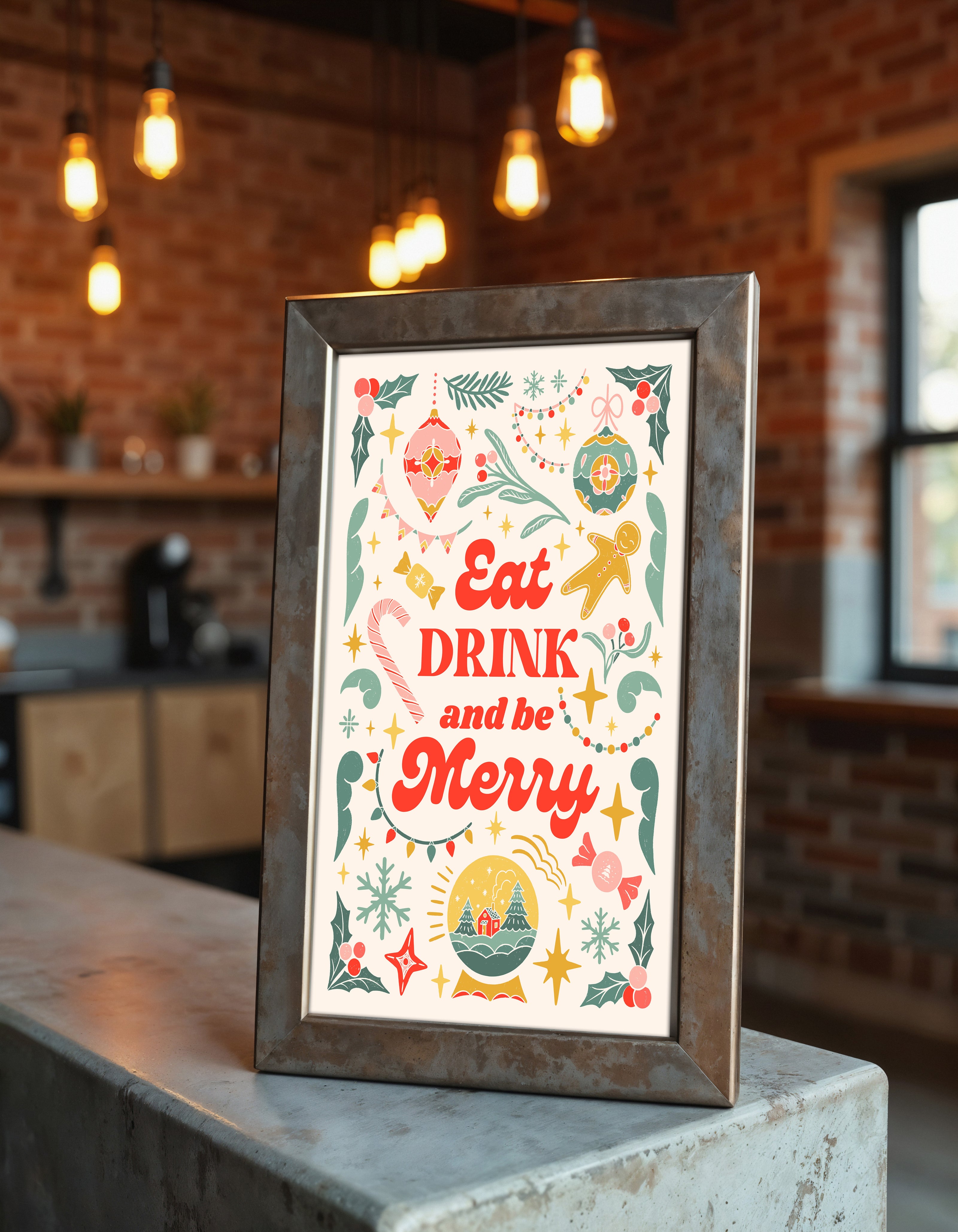 Eat, Drink & Be Merry – Festive Christmas Digital Art Poster | Holiday Wall Decor